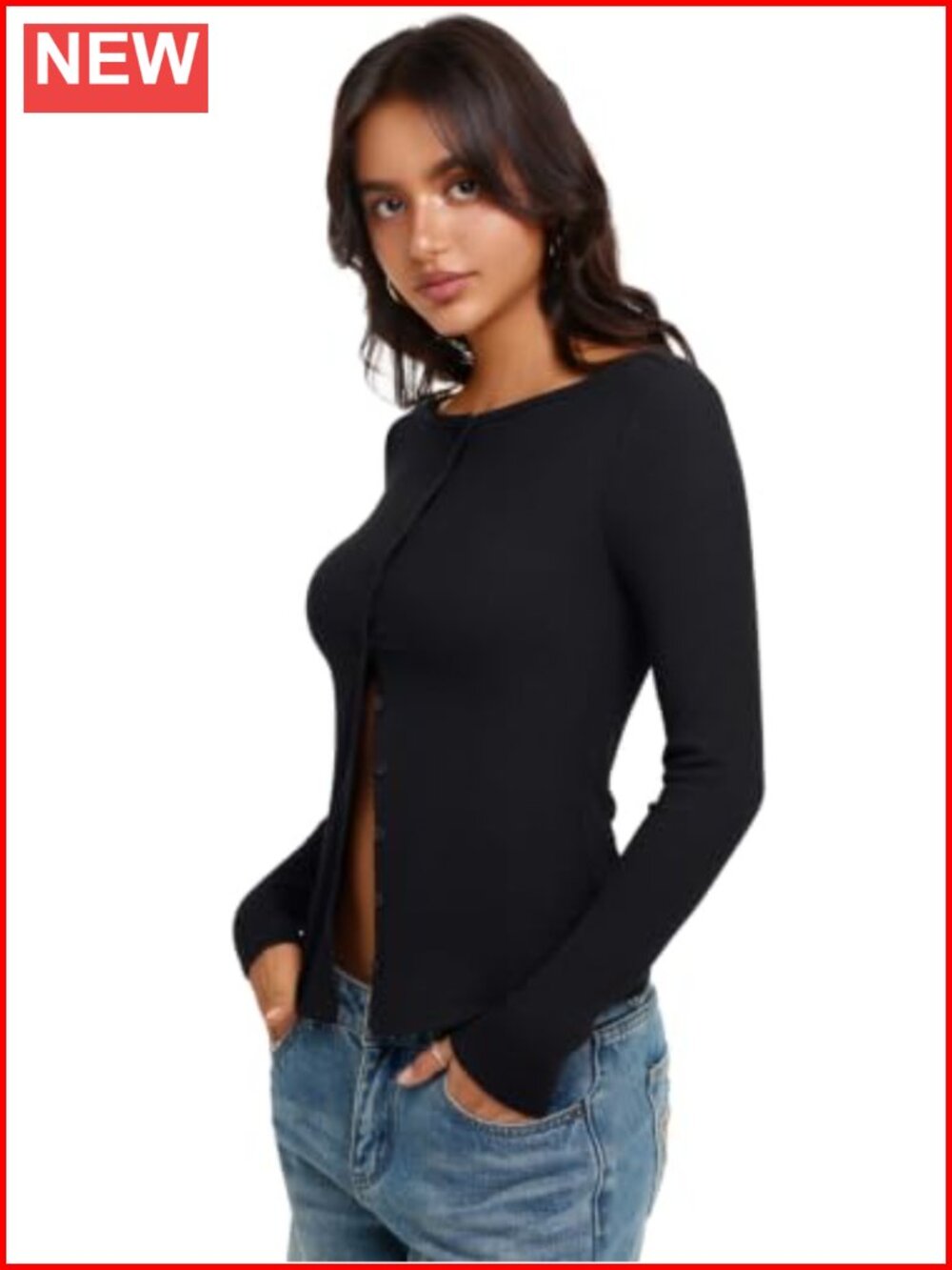 REORIA Lightweight Cropped Ribbed Knit Cardigan Button Top Slim Fit - Picture 2 of 6